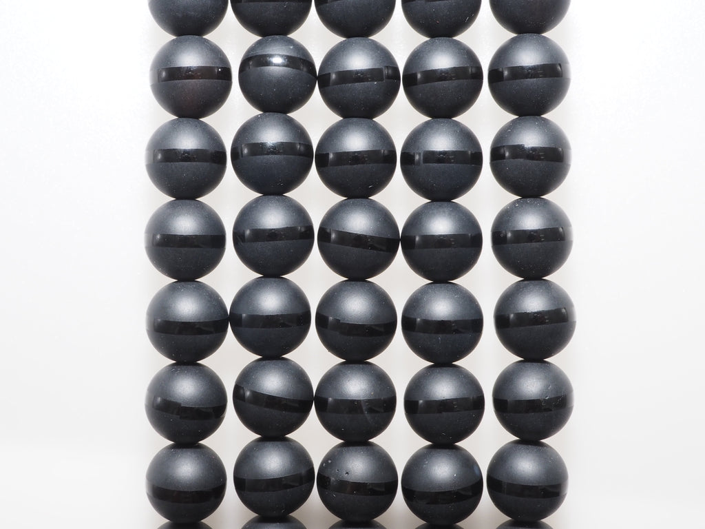 Black Onyx Matte Round Beads with Polished Line, 6–14mm, 15–16-Inch Strand