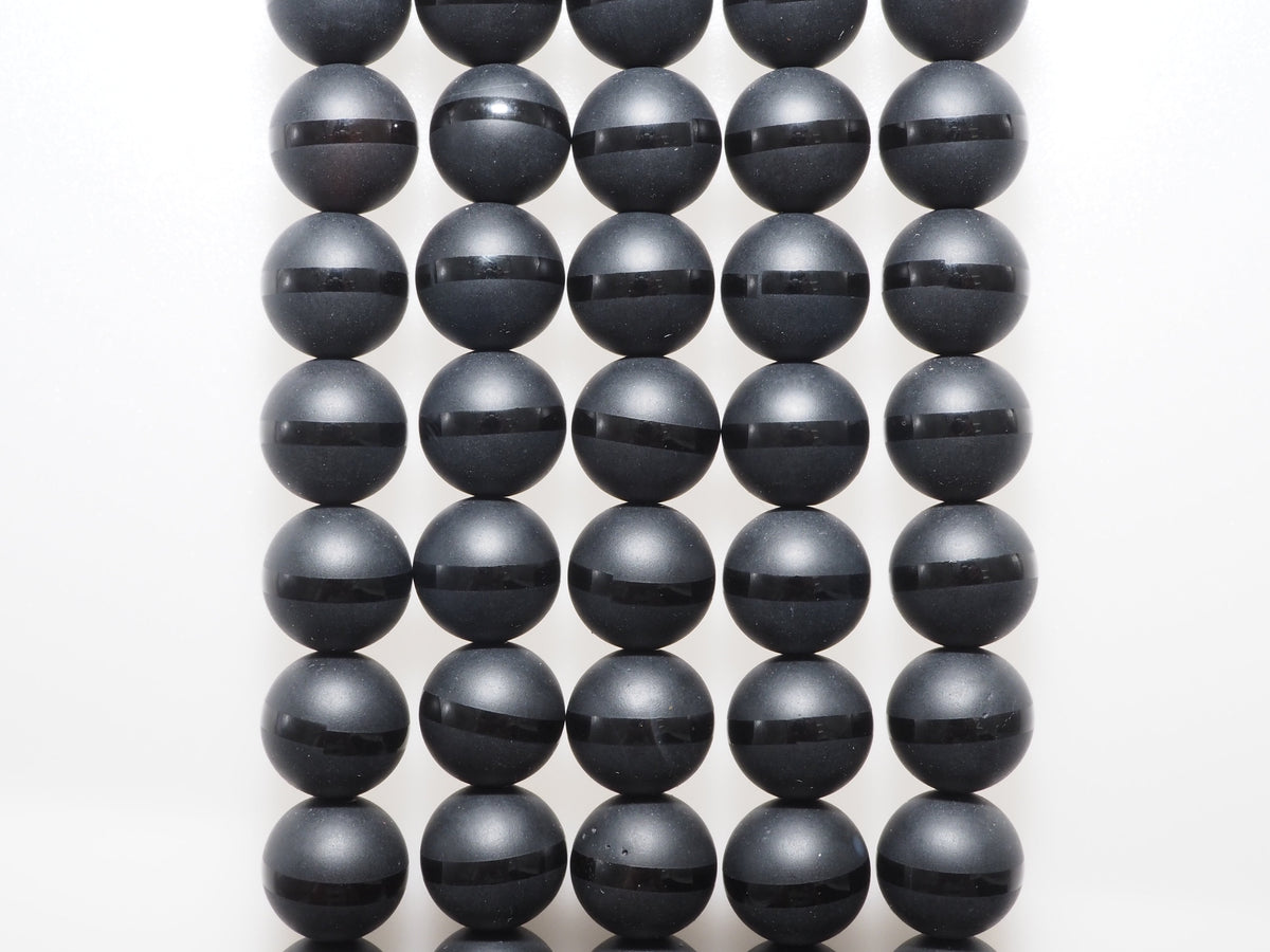Black Onyx Matte Round Beads with Polished Line, 6–14mm, 15–16-Inch Strand