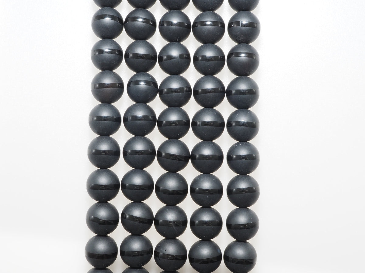 Black Onyx Matte Round Beads with Polished Line, 6–14mm, 15–16-Inch Strand