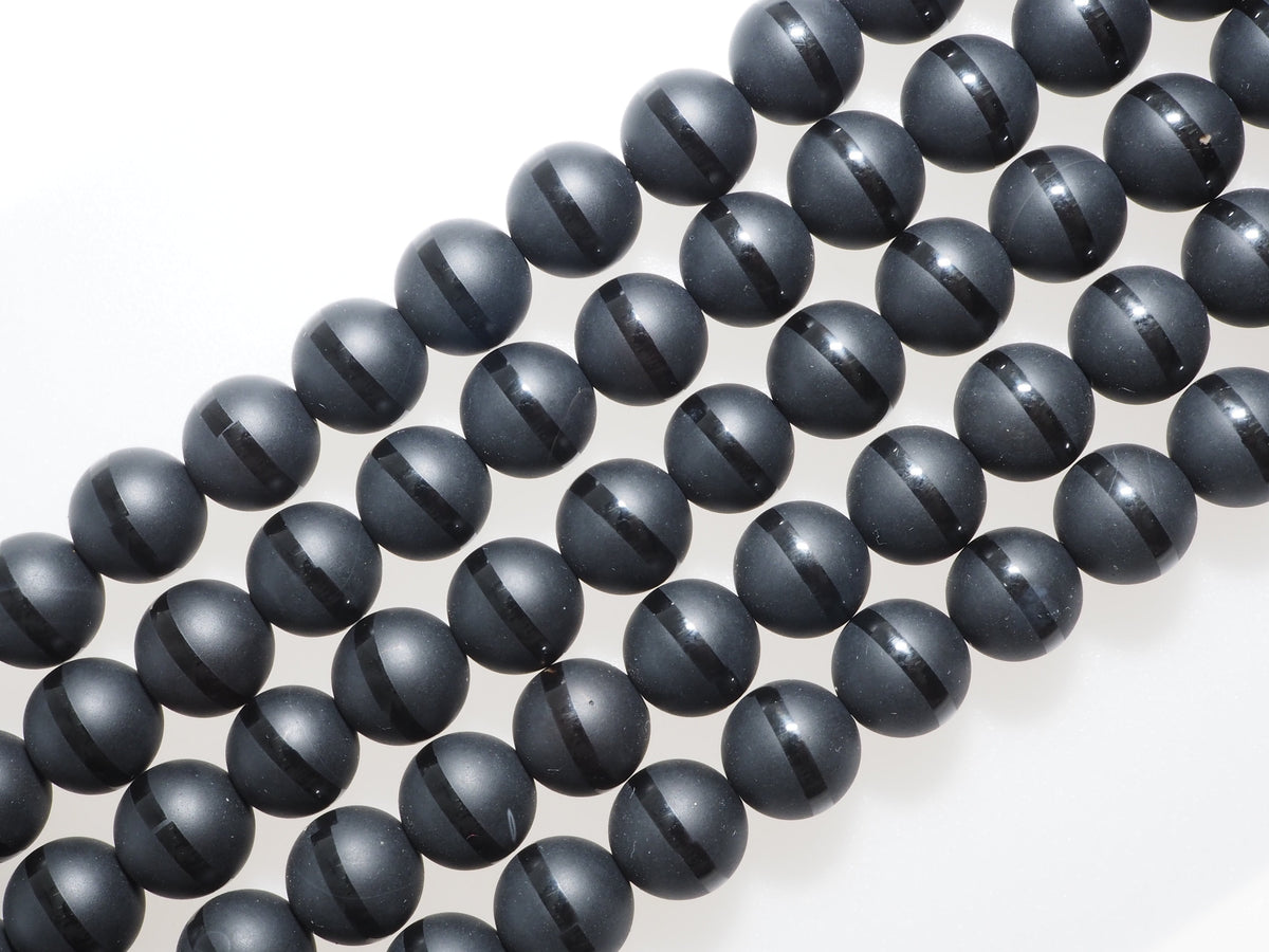 Black Onyx Matte Round Beads with Polished Line, 6–14mm, 15–16-Inch Strand