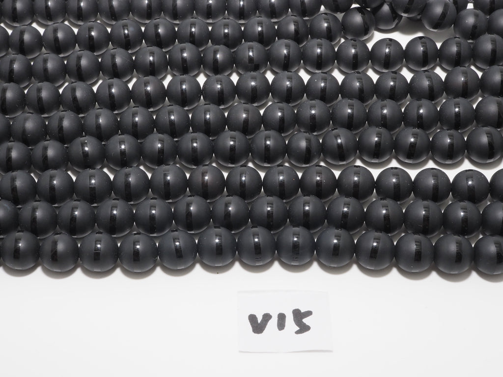 Black Onyx Matte Round Beads with Polished Line, 6–14mm, 15–16-Inch Strand