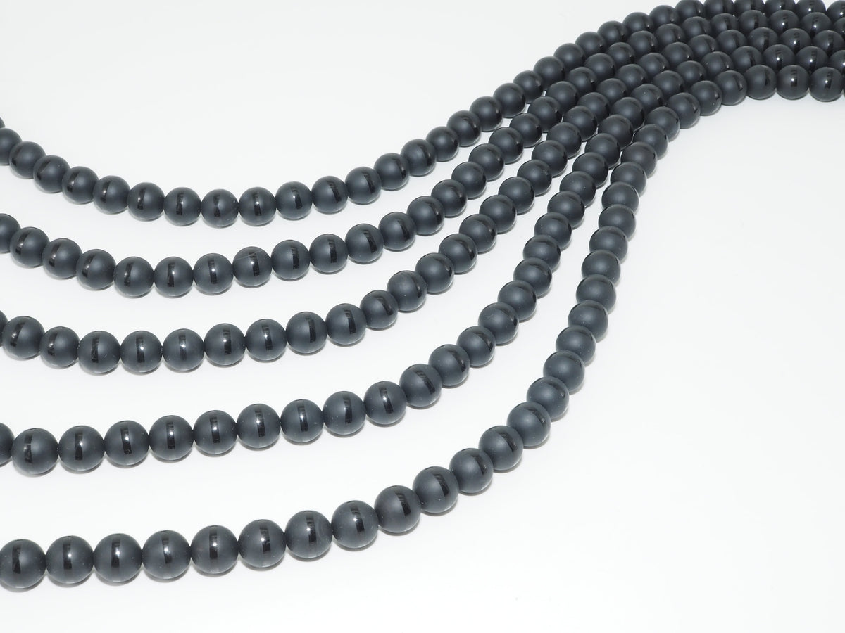 Black Onyx Matte Round Beads with Polished Line, 6–14mm, 15–16-Inch Strand