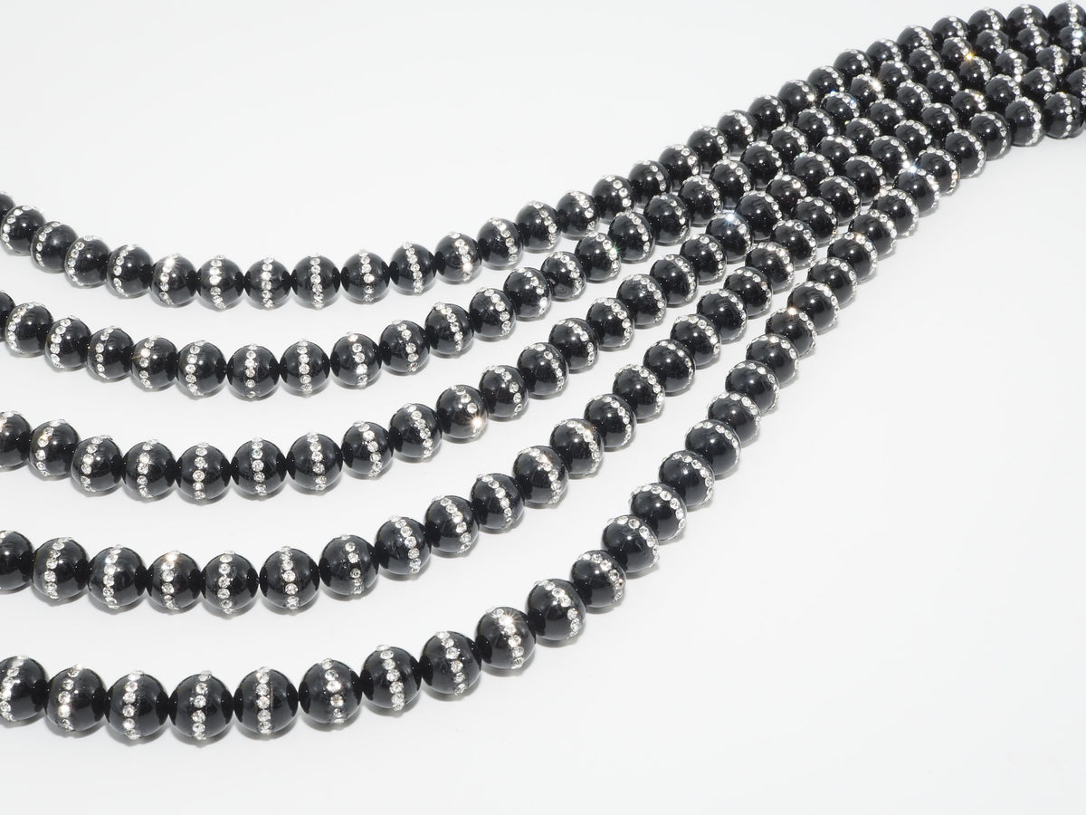 Black Onyx Round Beads with Rhinestone Inlay, 6–12mm, 15–16-Inch Strand