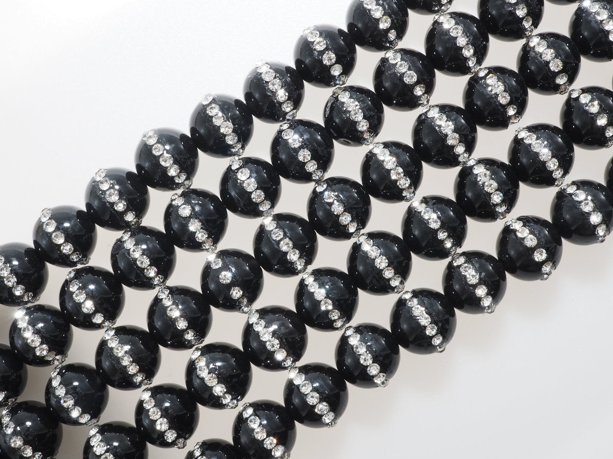 Black Onyx Round Beads with Rhinestone Inlay, 6–12mm, 15–16-Inch Strand