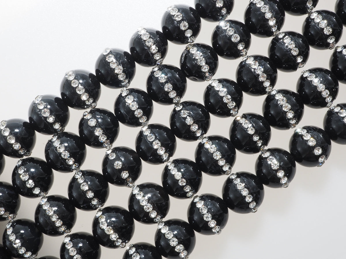 Black Onyx Round Beads with Rhinestone Inlay, 6–12mm, 15–16-Inch Strand