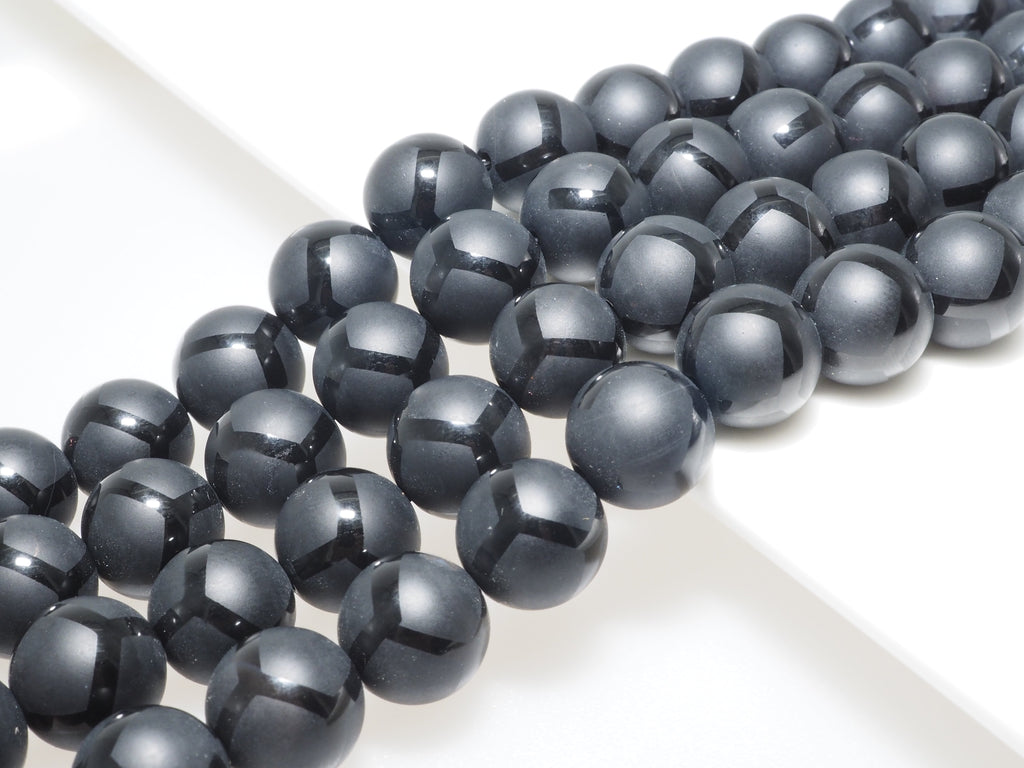 Black Onyx Matte Round Beads with Football-Line Pattern, 6–14mm, 15–16-Inch Strand