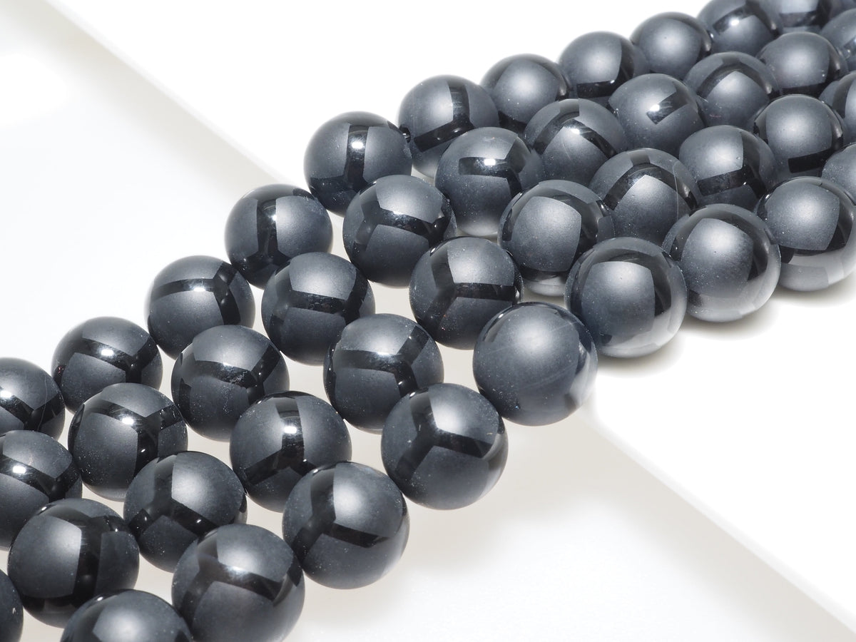 Black Onyx Matte Round Beads with Football-Line Pattern, 6–14mm, 15–16-Inch Strand