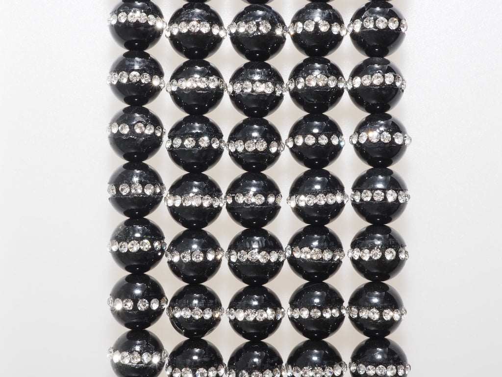 Black Onyx Round Beads with Rhinestone Inlay, 6–12mm, 15–16-Inch Strand
