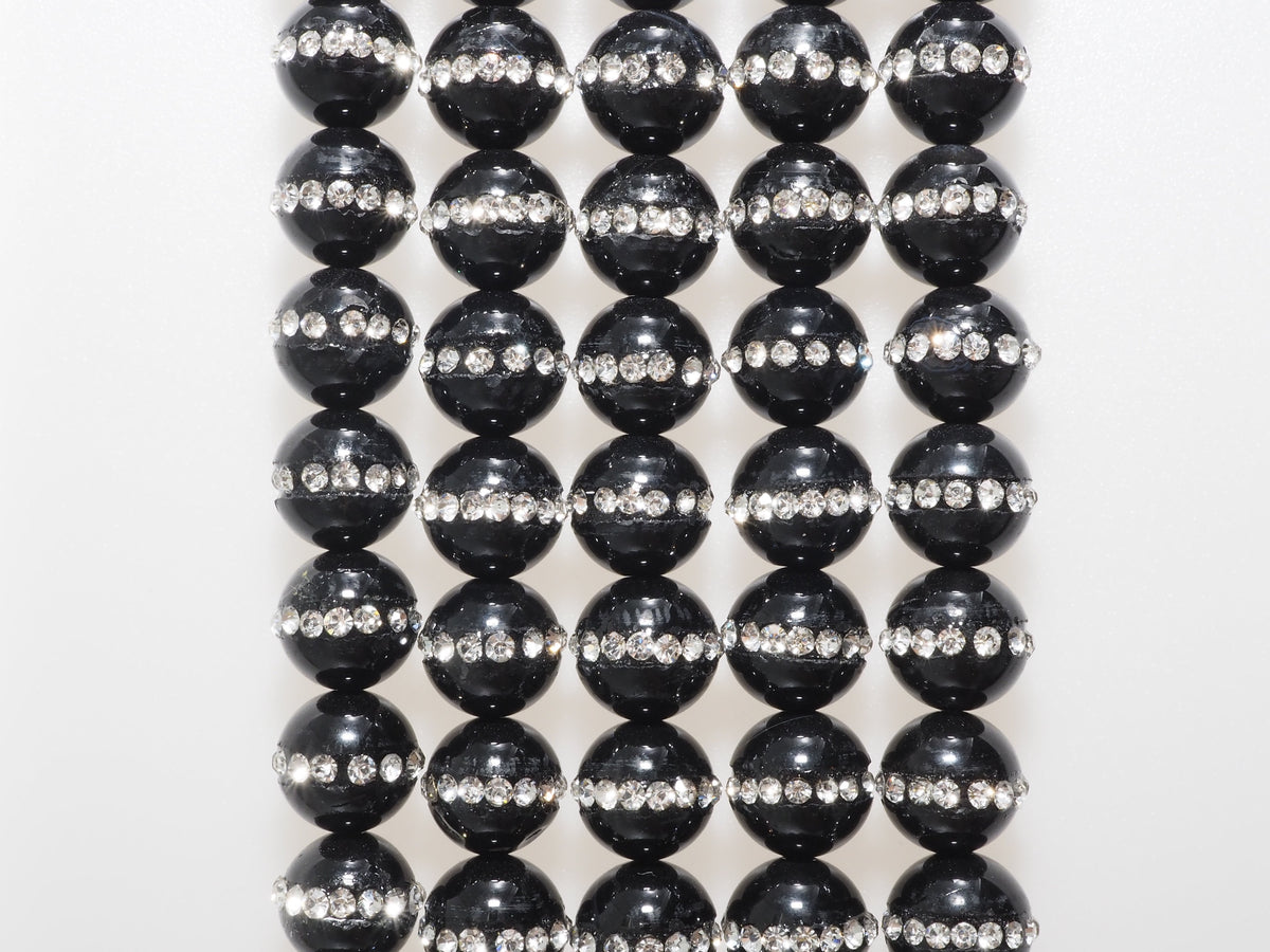 Black Onyx Round Beads with Rhinestone Inlay, 6–12mm, 15–16-Inch Strand