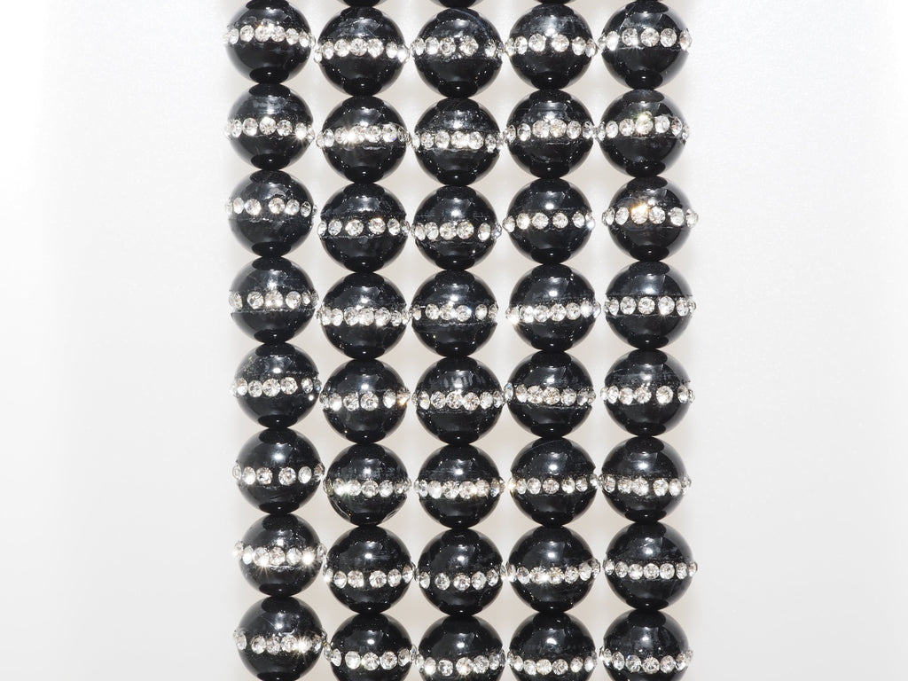 Black Onyx Round Beads with Rhinestone Inlay, 6–12mm, 15–16-Inch Strand