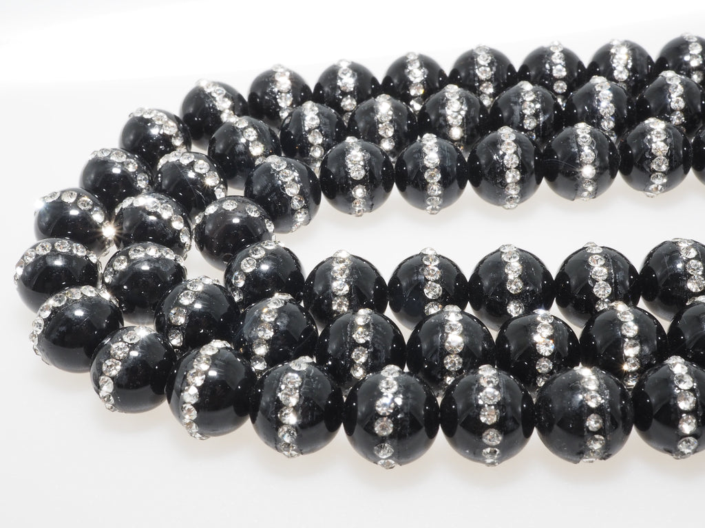 Black Onyx Round Beads with Rhinestone Inlay, 6–12mm, 15–16-Inch Strand