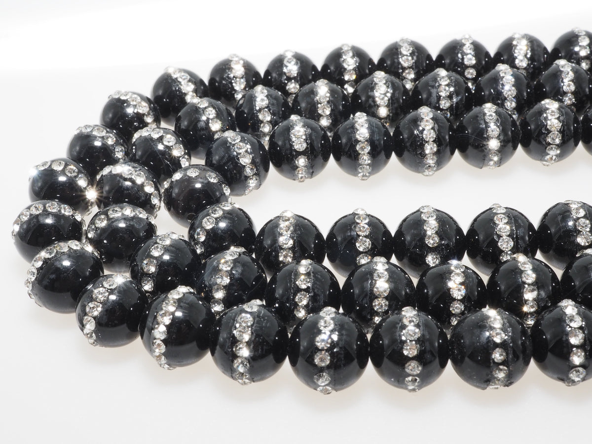 Black Onyx Round Beads with Rhinestone Inlay, 6–12mm, 15–16-Inch Strand