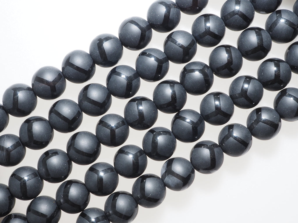 Black Onyx Matte Round Beads with Football-Line Pattern, 6–14mm, 15–16-Inch Strand