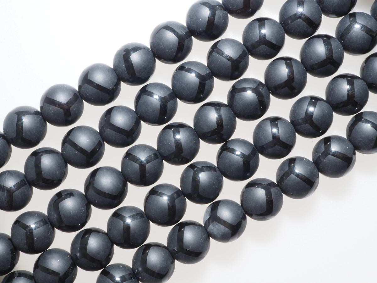 Black Onyx Matte Round Beads with Football-Line Pattern, 6–14mm, 15–16-Inch Strand