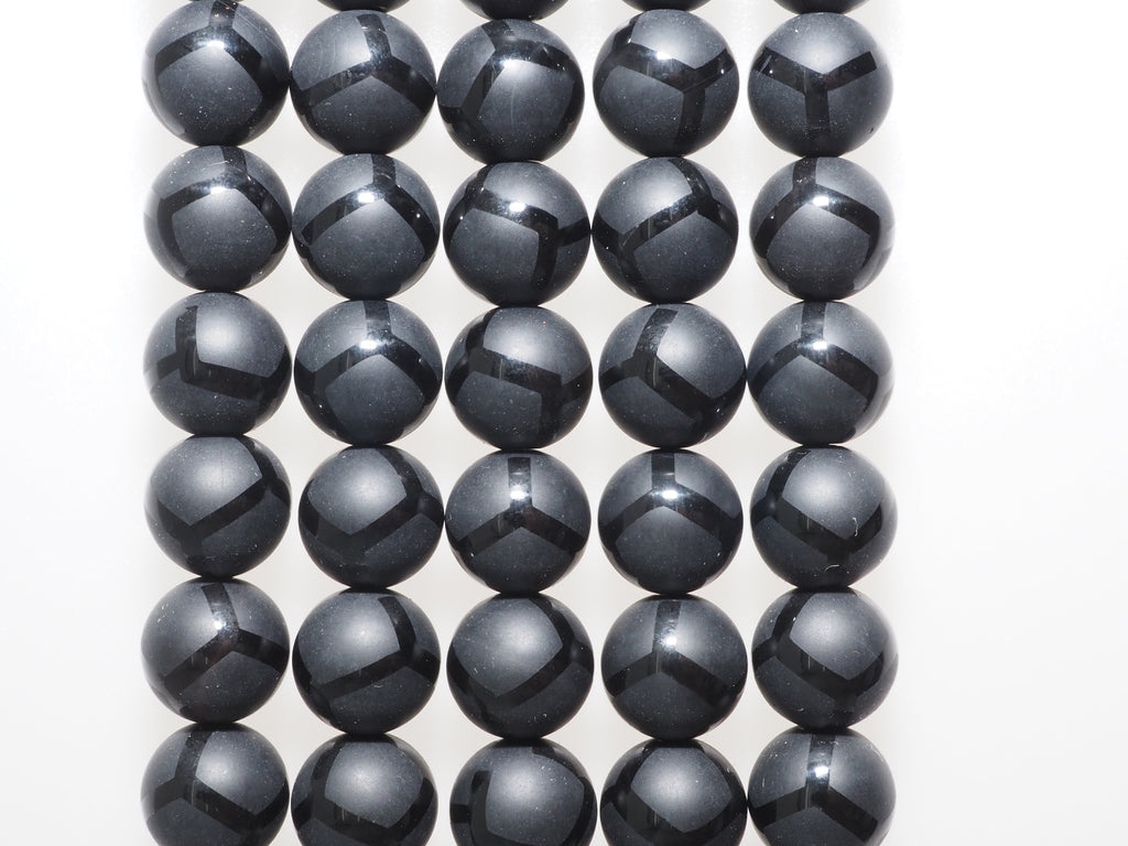 Black Onyx Matte Round Beads with Football-Line Pattern, 6–14mm, 15–16-Inch Strand