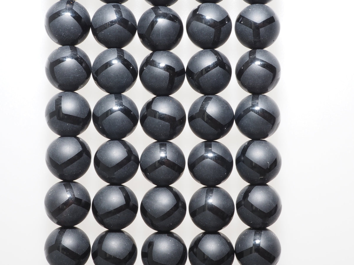 Black Onyx Matte Round Beads with Football-Line Pattern, 6–14mm, 15–16-Inch Strand