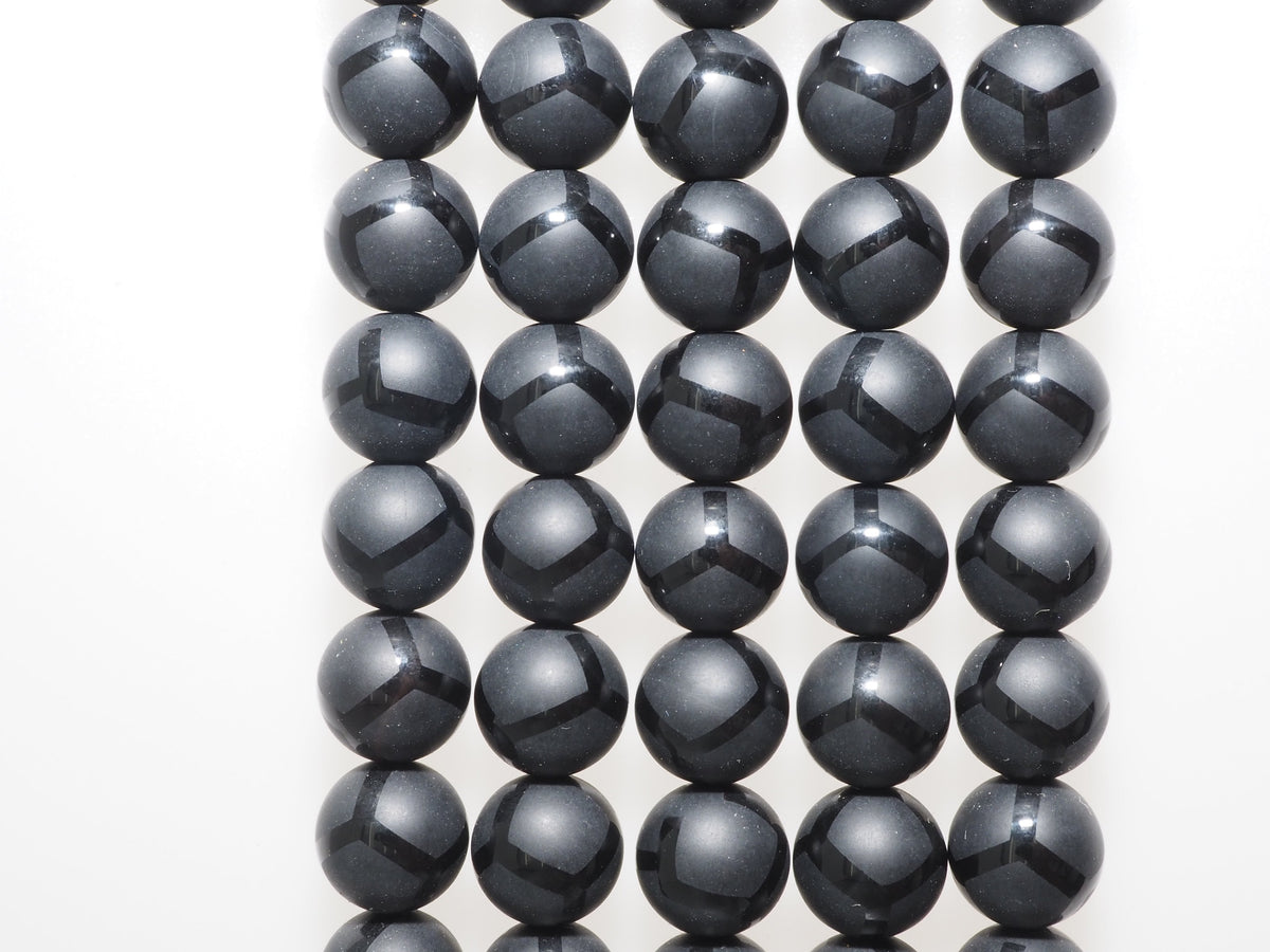 Black Onyx Matte Round Beads with Football-Line Pattern, 6–14mm, 15–16-Inch Strand