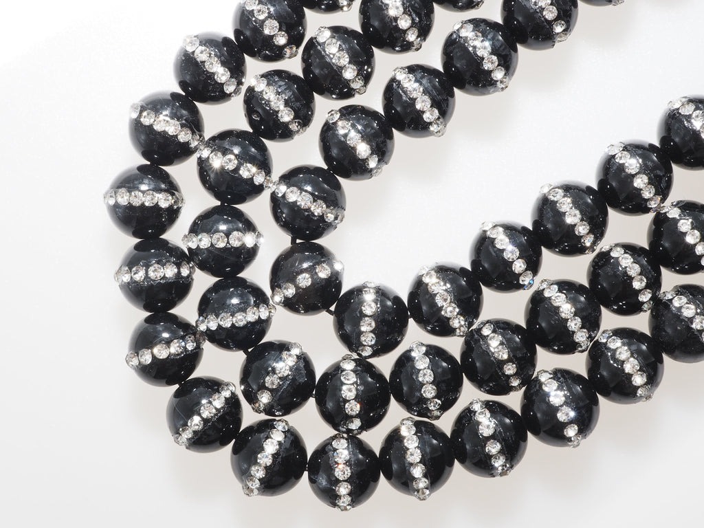 Black Onyx Round Beads with Rhinestone Inlay, 6–12mm, 15–16-Inch Strand