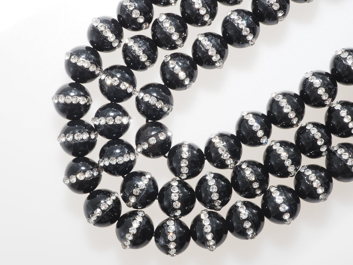 Black Onyx Round Beads with Rhinestone Inlay, 6–12mm, 15–16-Inch Strand