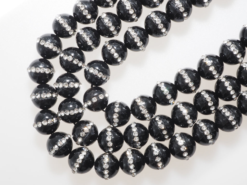 Black Onyx Round Beads with Rhinestone Inlay, 6–12mm, 15–16-Inch Strand