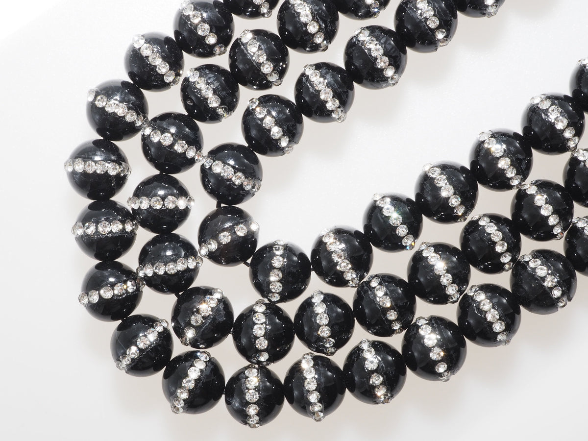 Black Onyx Round Beads with Rhinestone Inlay, 6–12mm, 15–16-Inch Strand