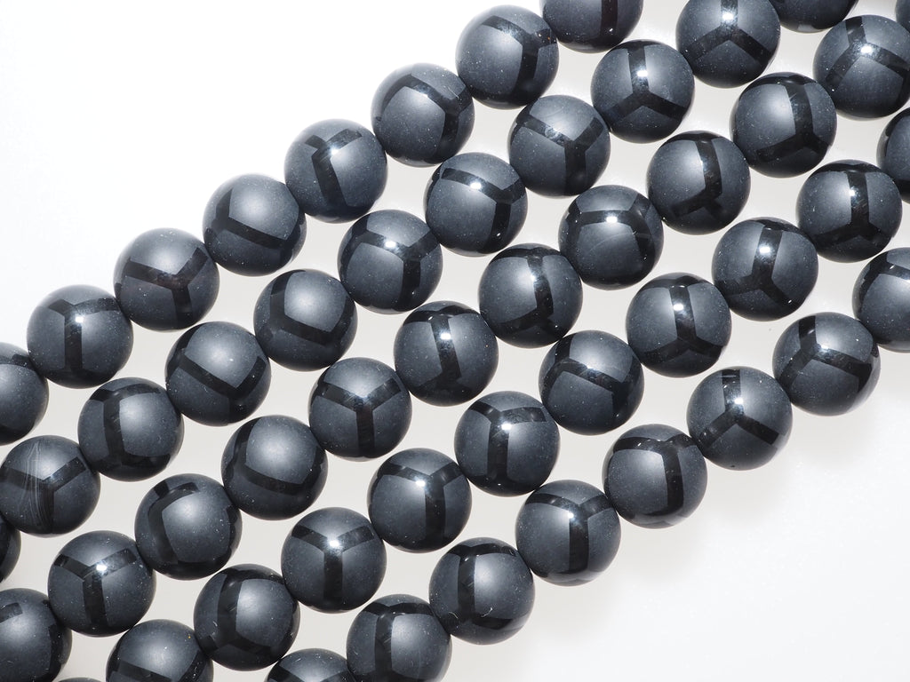 Black Onyx Matte Round Beads with Football-Line Pattern, 6–14mm, 15–16-Inch Strand