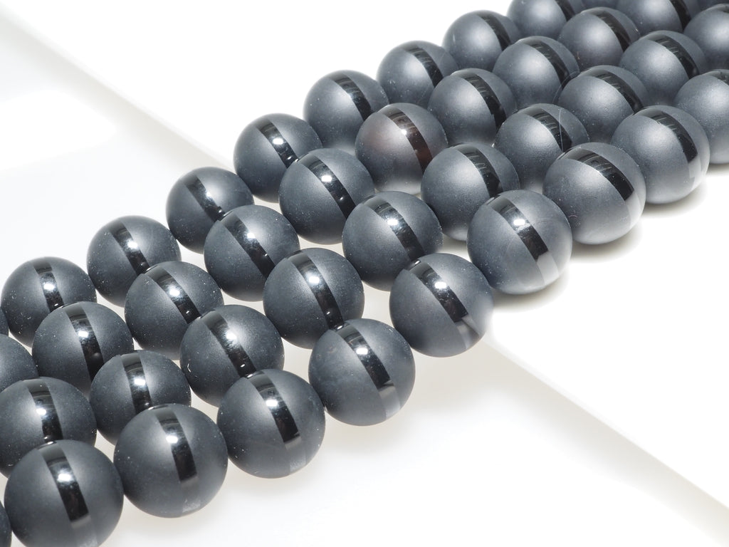 Black Onyx Matte Round Beads with Polished Line, 6–14mm, 15–16-Inch Strand