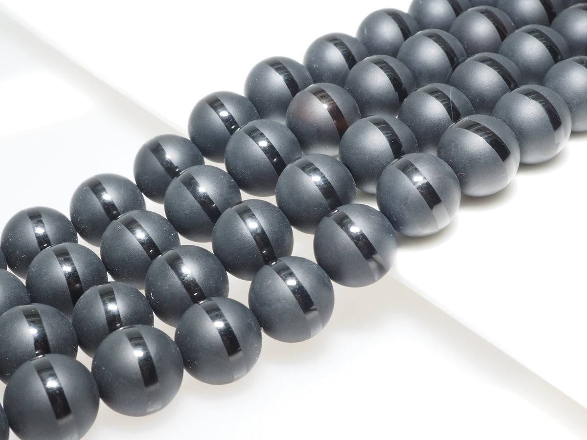 Black Onyx Matte Round Beads with Polished Line, 6–14mm, 15–16-Inch Strand