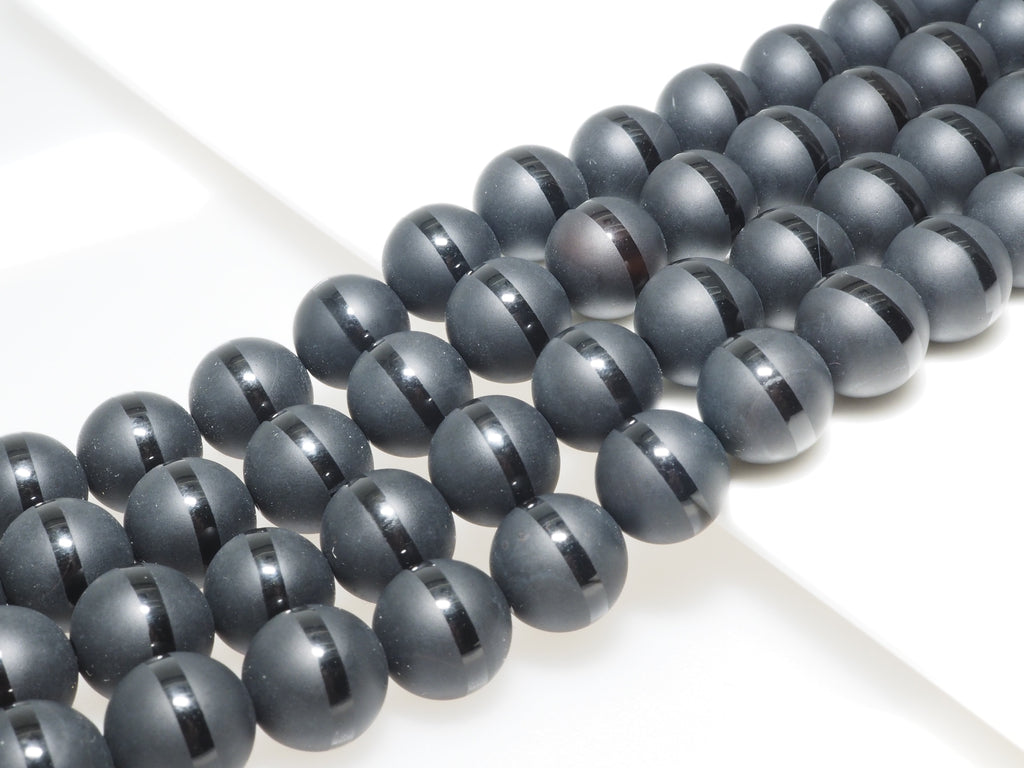 Black Onyx Matte Round Beads with Polished Line, 6–14mm, 15–16-Inch Strand