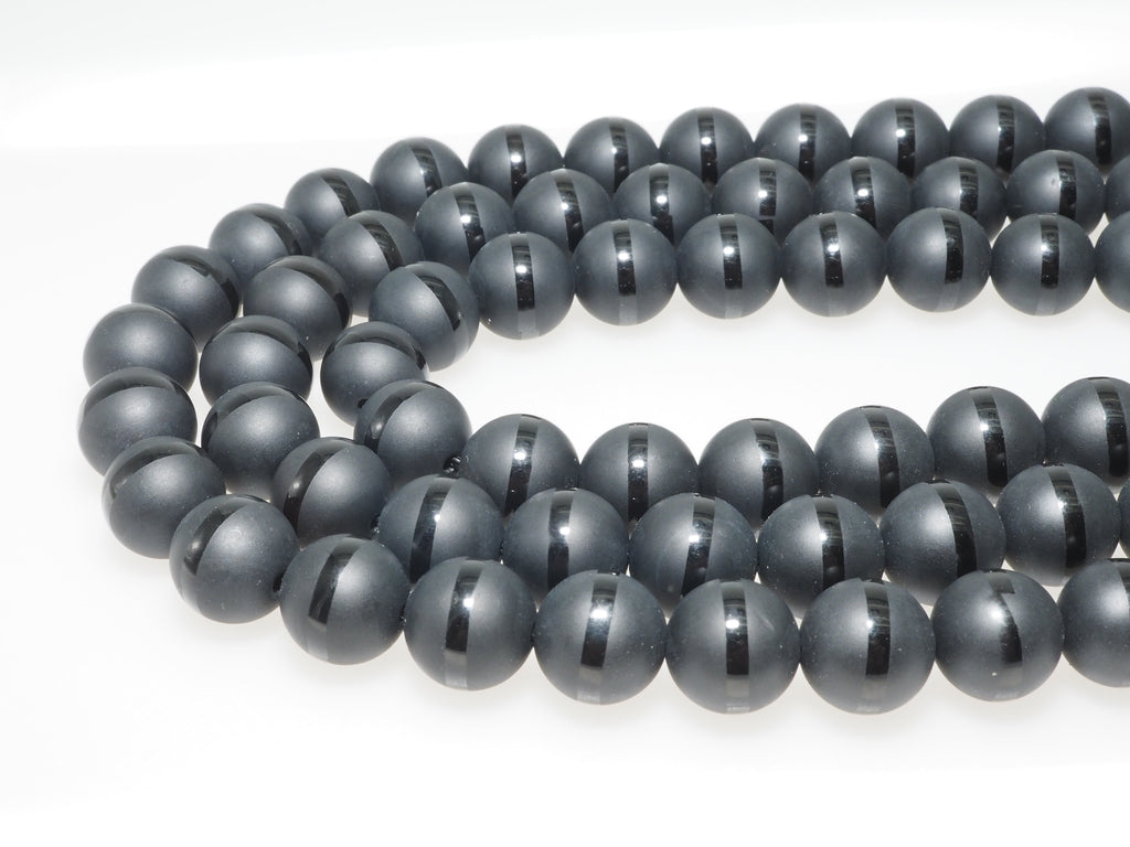 Black Onyx Matte Round Beads with Polished Line, 6–14mm, 15–16-Inch Strand