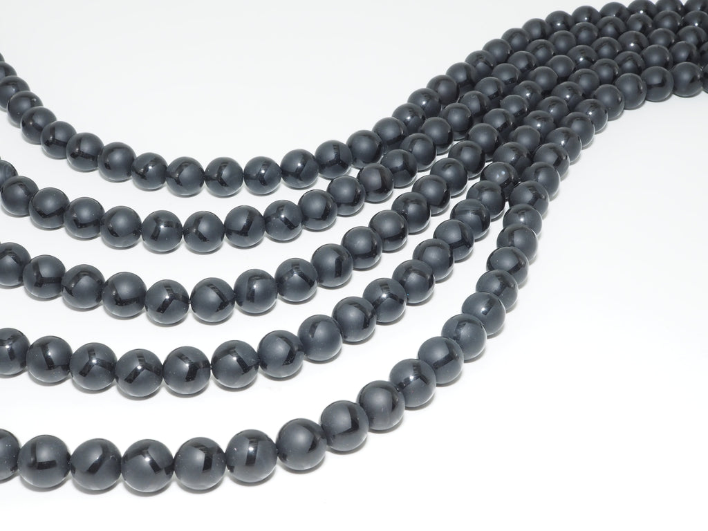 Black Onyx Matte Round Beads with Football-Line Pattern, 6–14mm, 15–16-Inch Strand