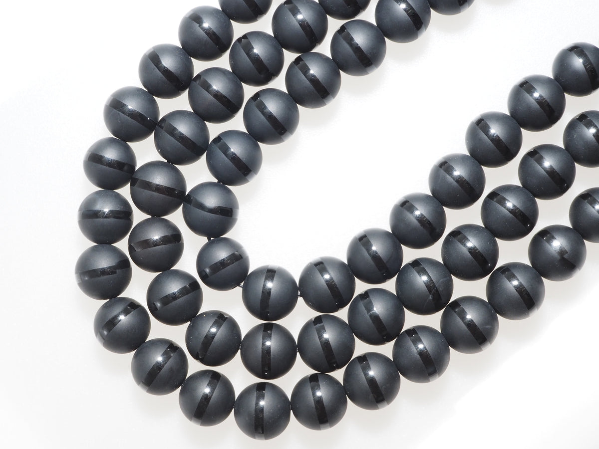 Black Onyx Matte Round Beads with Polished Line, 6–14mm, 15–16-Inch Strand