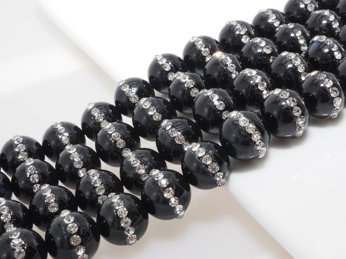 Black Onyx Round Beads with Rhinestone Inlay, 6–12mm, 15–16-Inch Strand