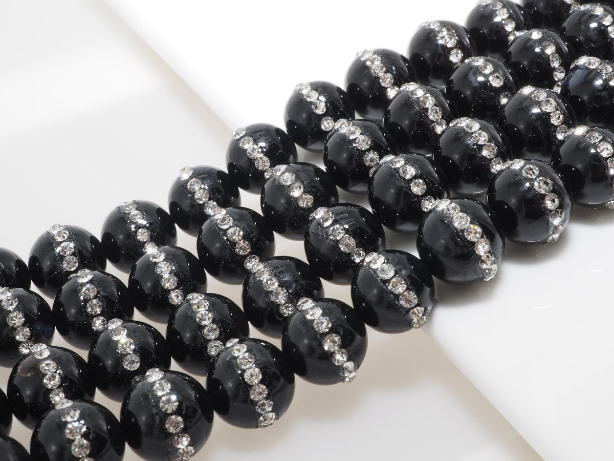 Black Onyx Round Beads with Rhinestone Inlay, 6–12mm, 15–16-Inch Strand