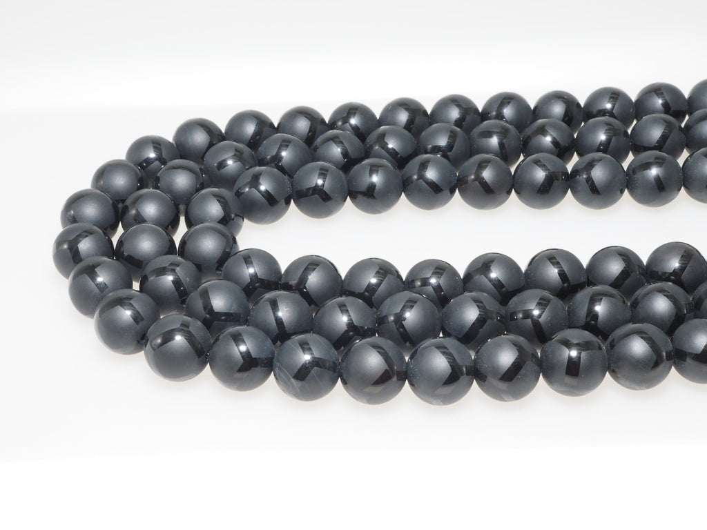 Black Onyx Matte Round Beads with Football-Line Pattern, 6–14mm, 15–16-Inch Strand