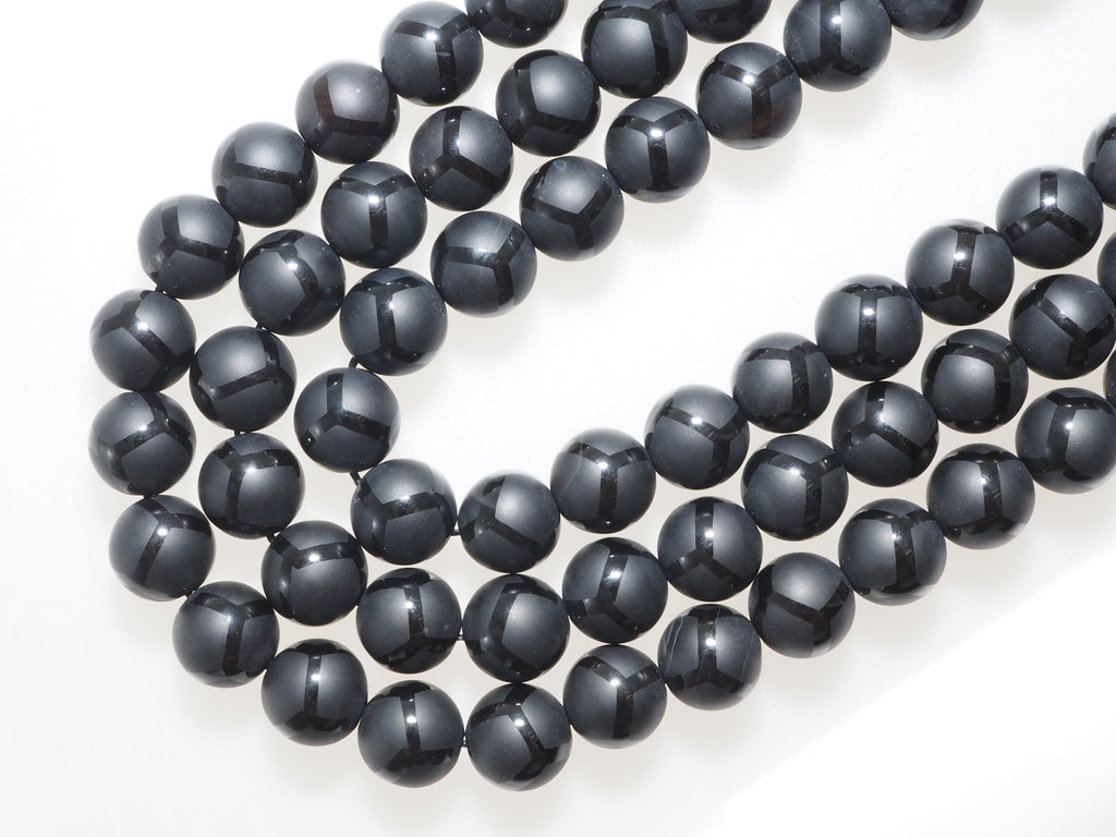 Black Onyx Matte Round Beads with Football-Line Pattern, 6–14mm, 15–16-Inch Strand
