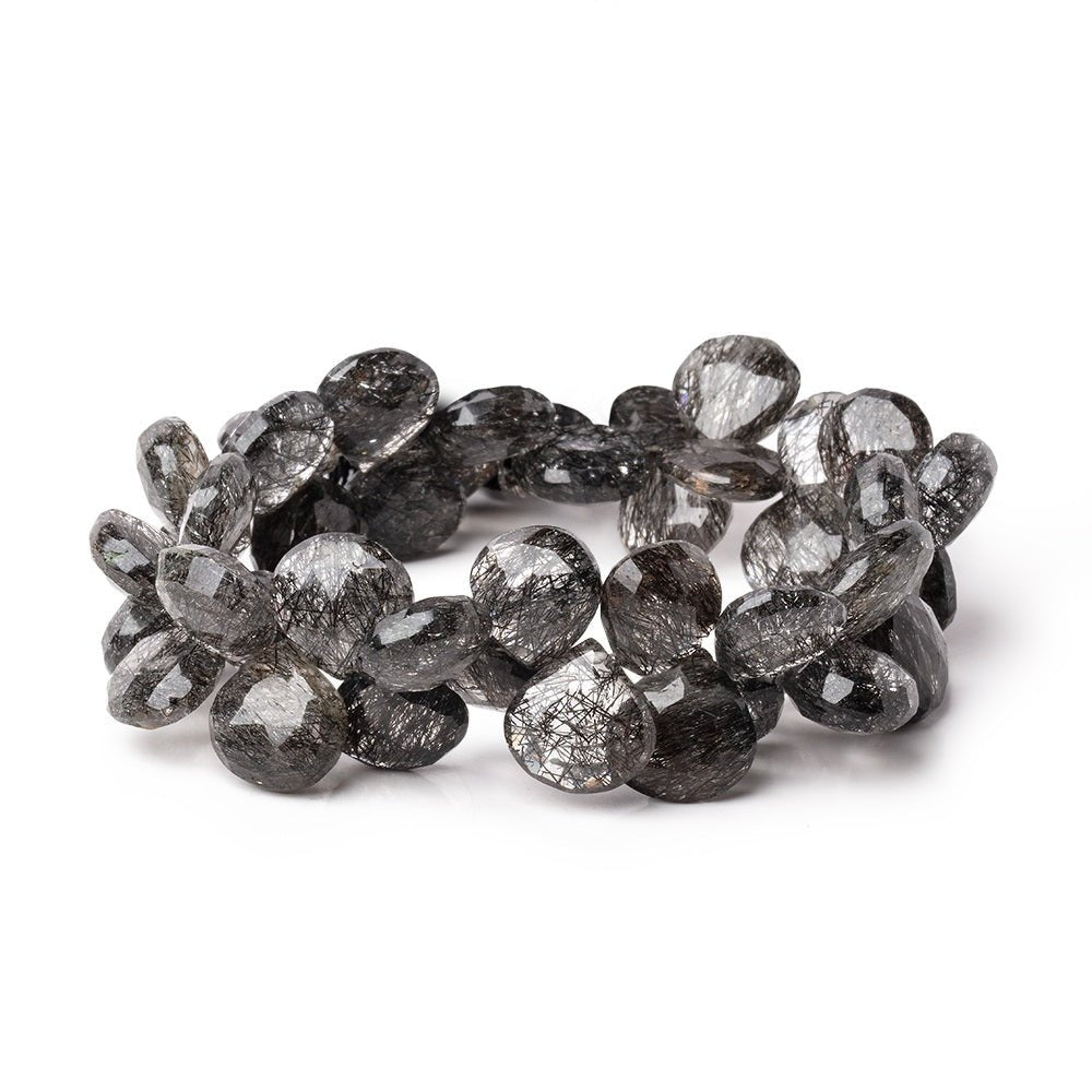 12-13.5mm Black Tourmalinated Quartz Faceted Heart Beads 8 inch 44 pieces AA