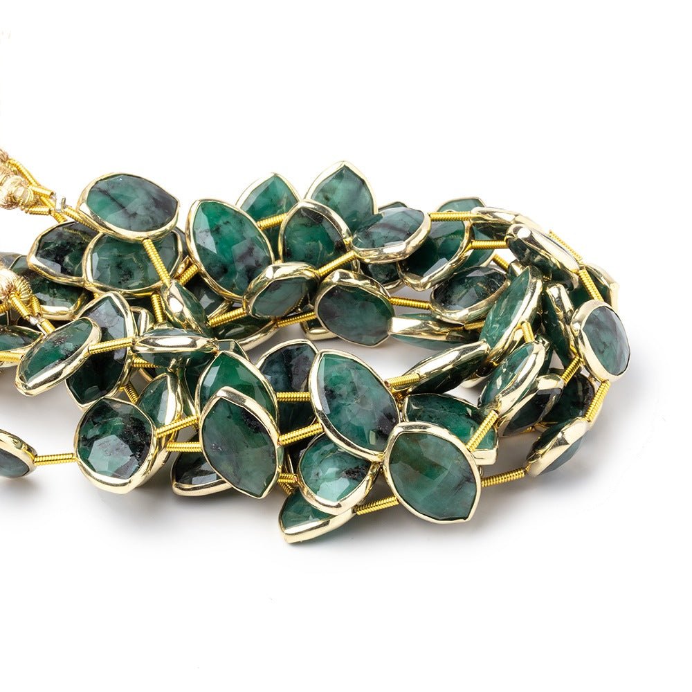 Emerald Faceted Marquise Bead Strand in Vermeil Bezels – 17 × 11mm