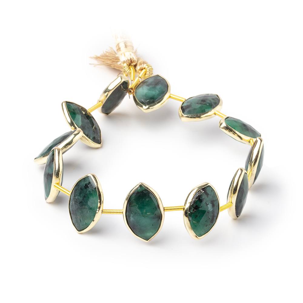 Emerald Faceted Marquise Bead Strand in Vermeil Bezels – 17 × 11mm