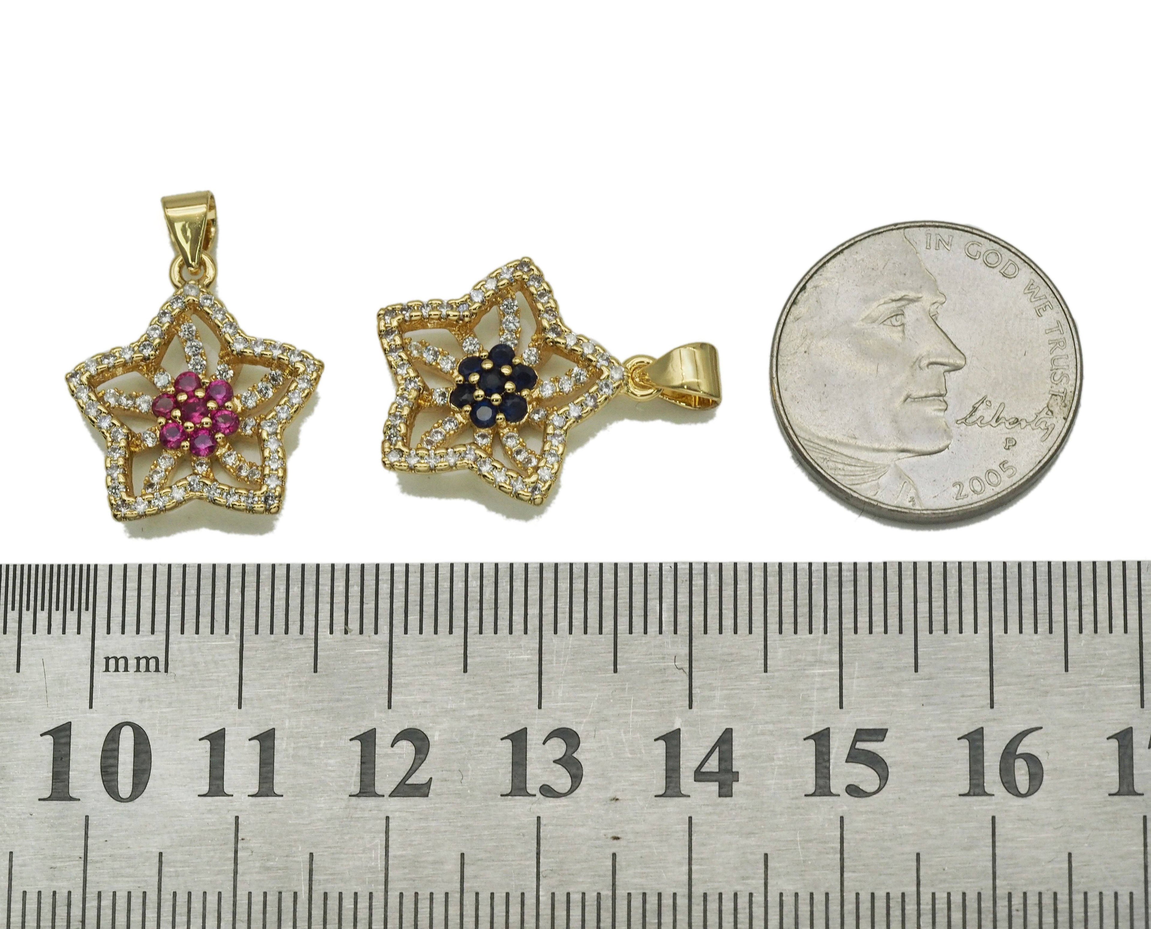 Gold Colorful CZ Flower On Five Point Star Charm, Sku#LD314