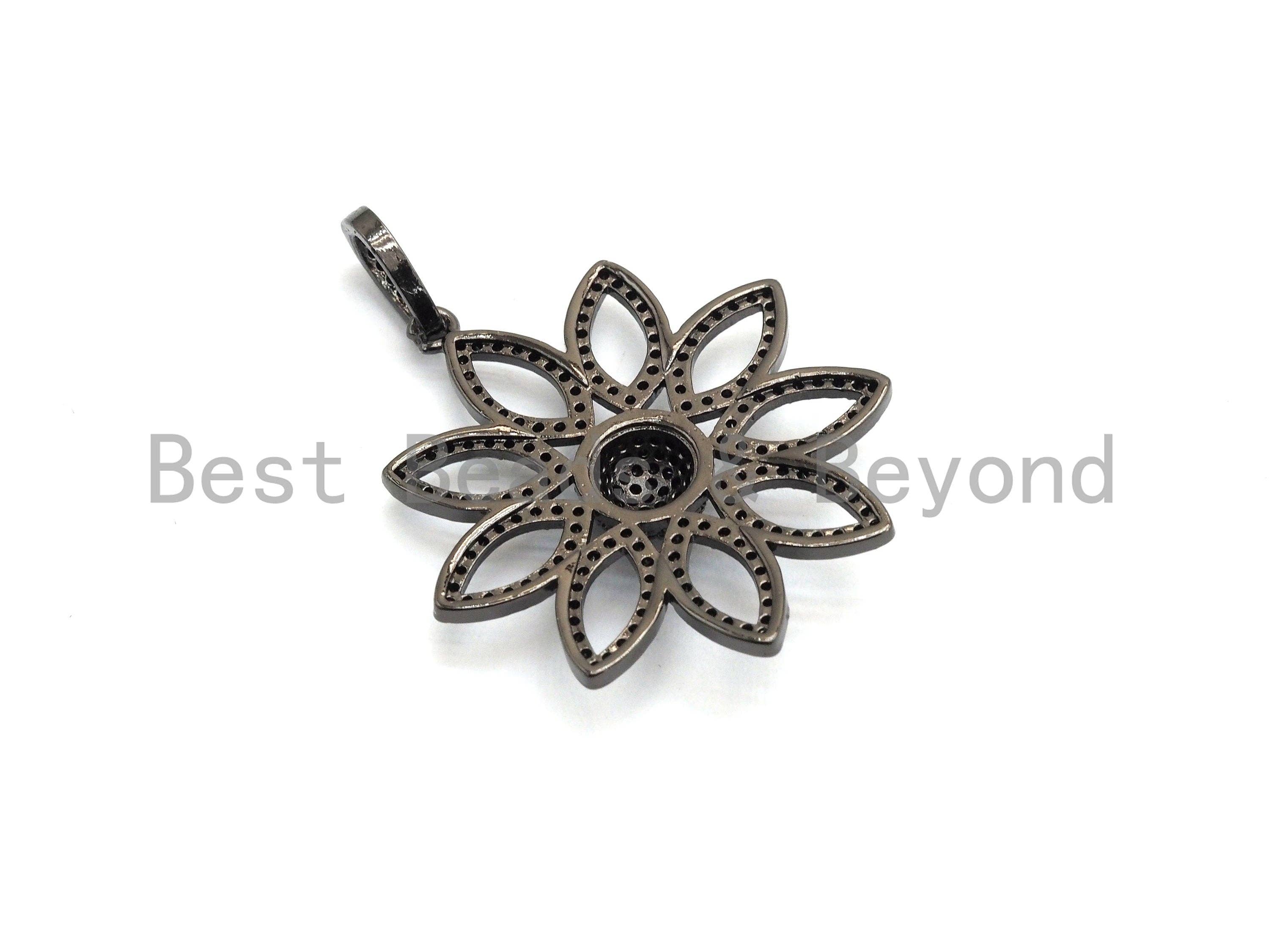 CZ Filigree Flower Pendant - Gold/Silver/Rose Gold/Black Hollow Out Charm 30x32mm