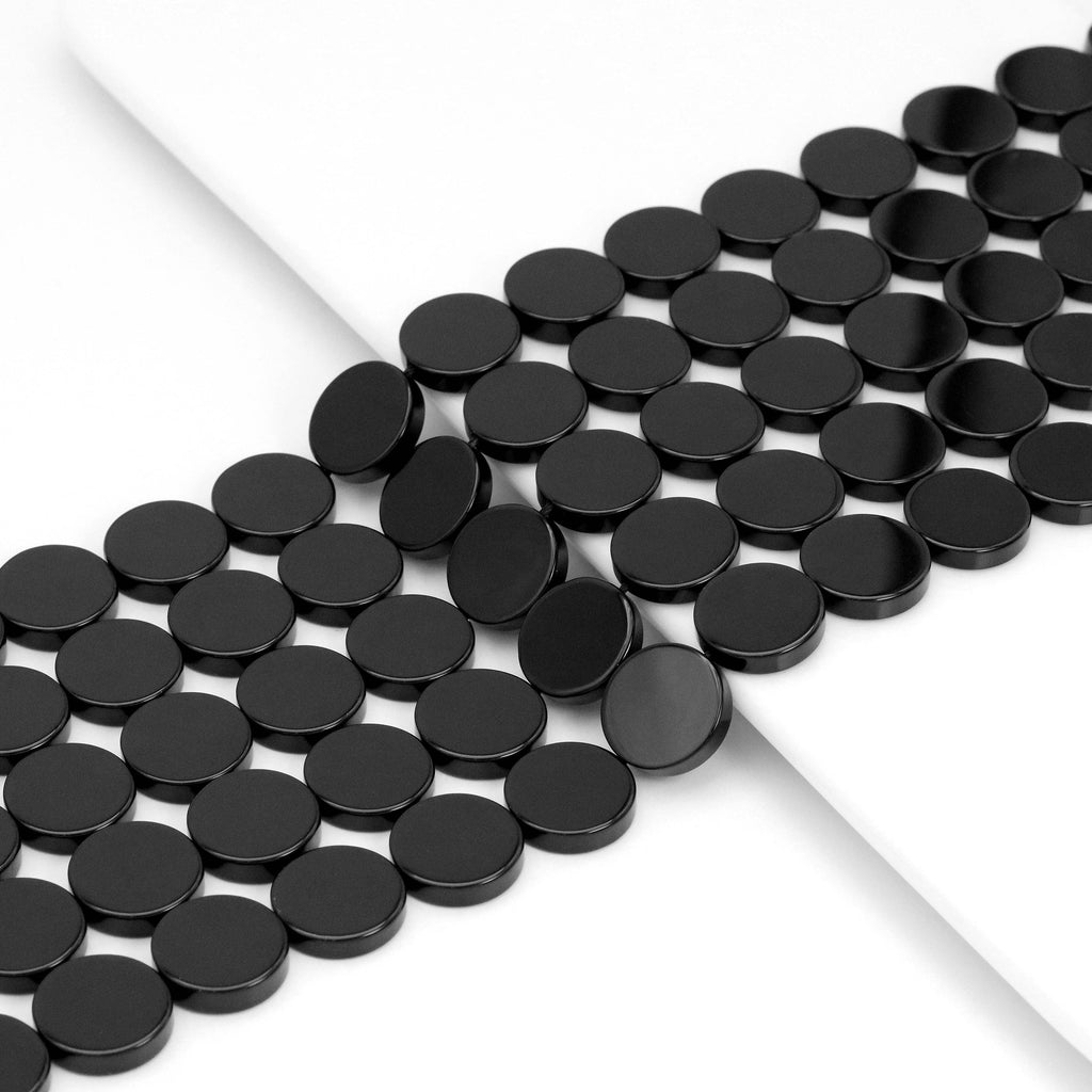 Black Onyx Smooth Flat Coin Beads, 16–20mm, 15–16-Inch Strand