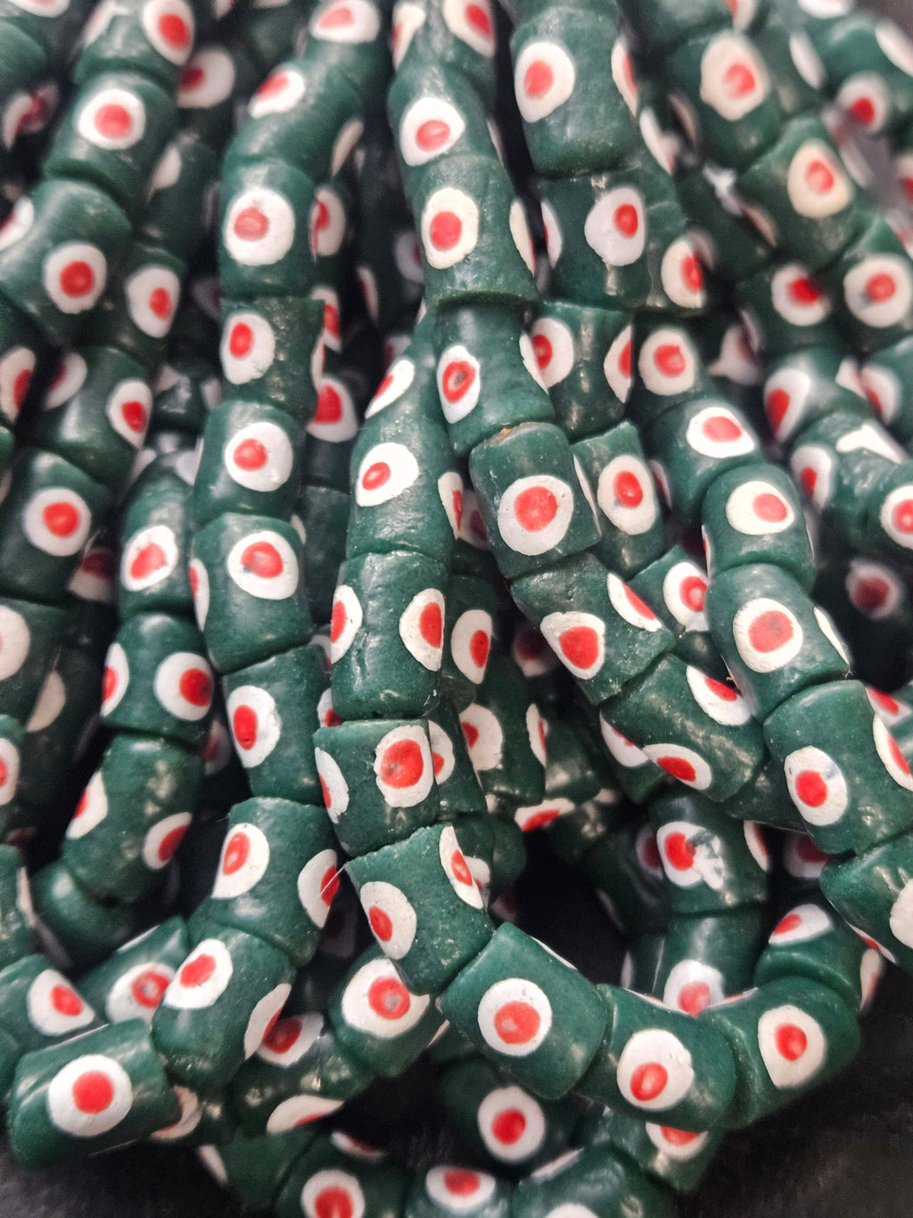 painted african recycled glass small tube beads #1101 detail view