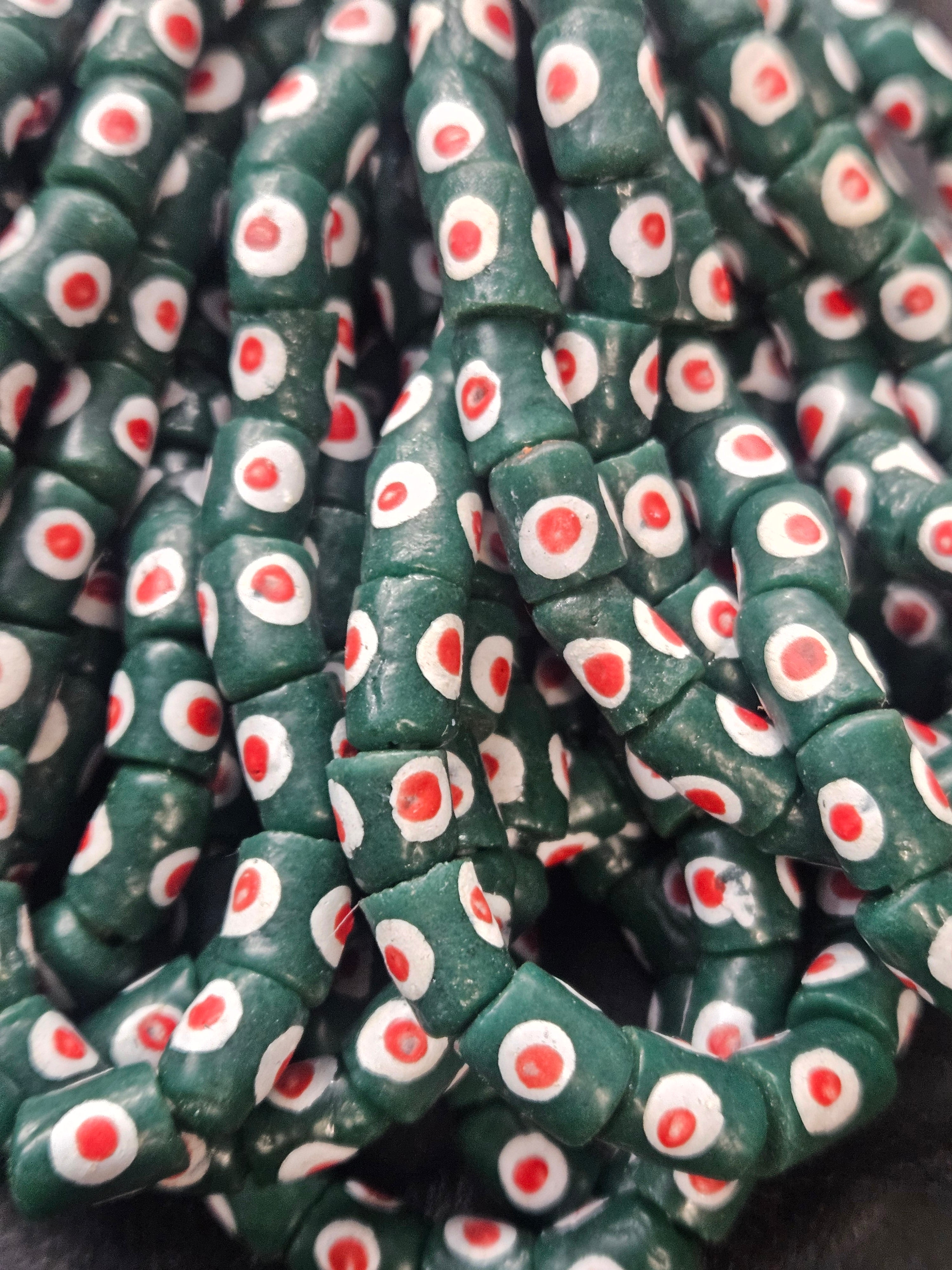 painted african recycled glass small tube beads #1101 detail view