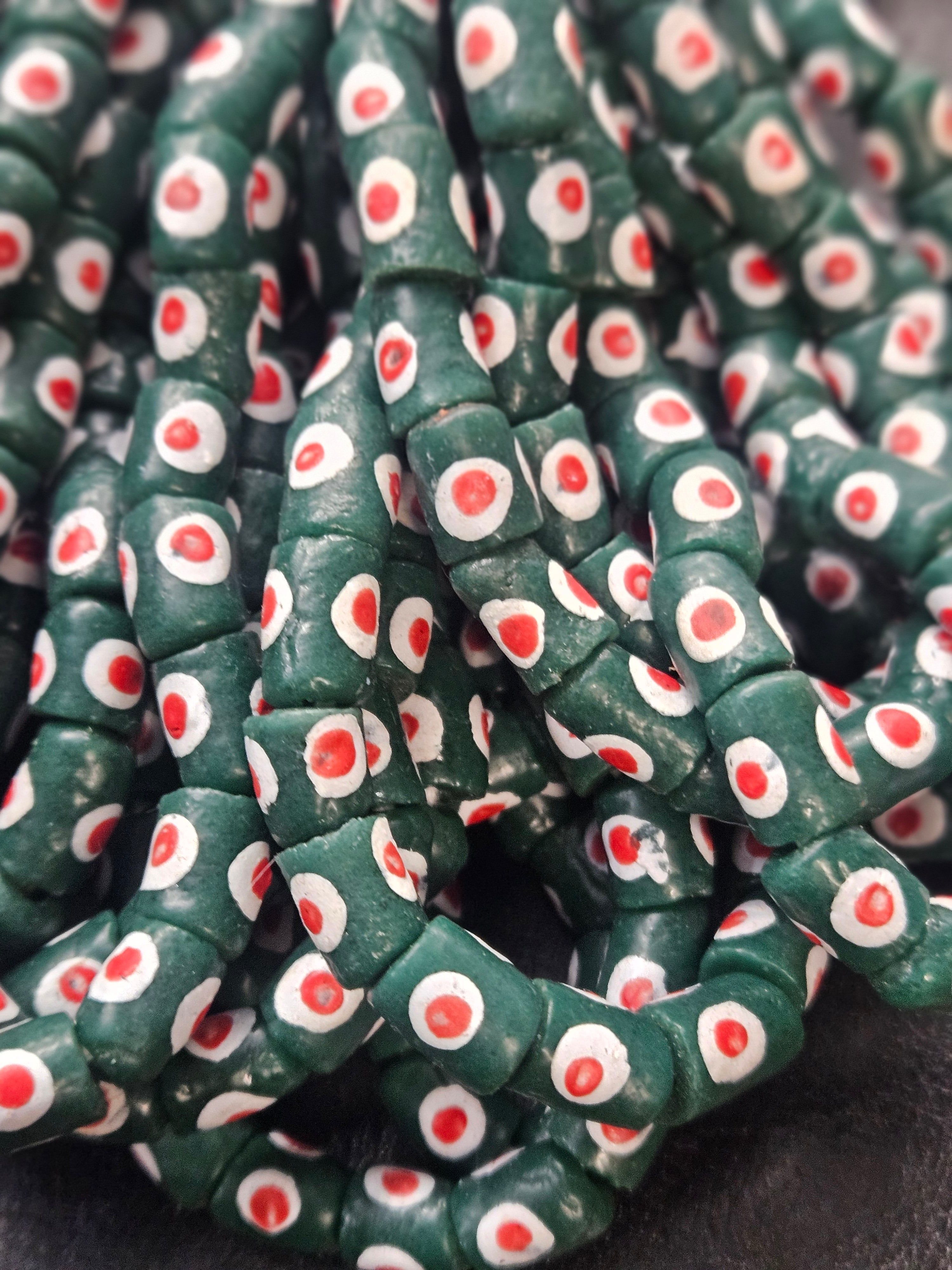 painted african recycled glass small tube beads #1101 side view