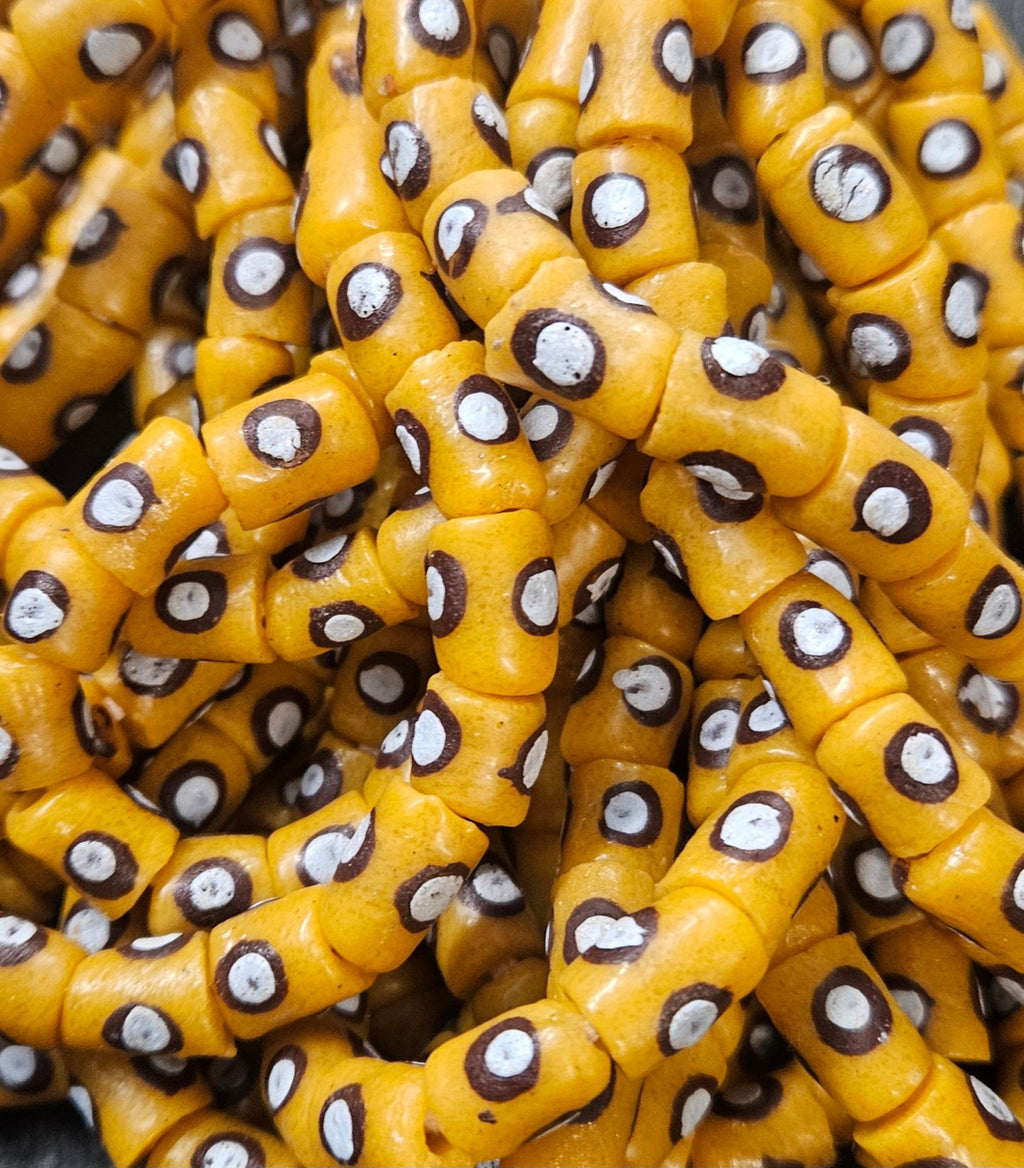 painted african recycled glass small tube beads #1104 gold yellow strand