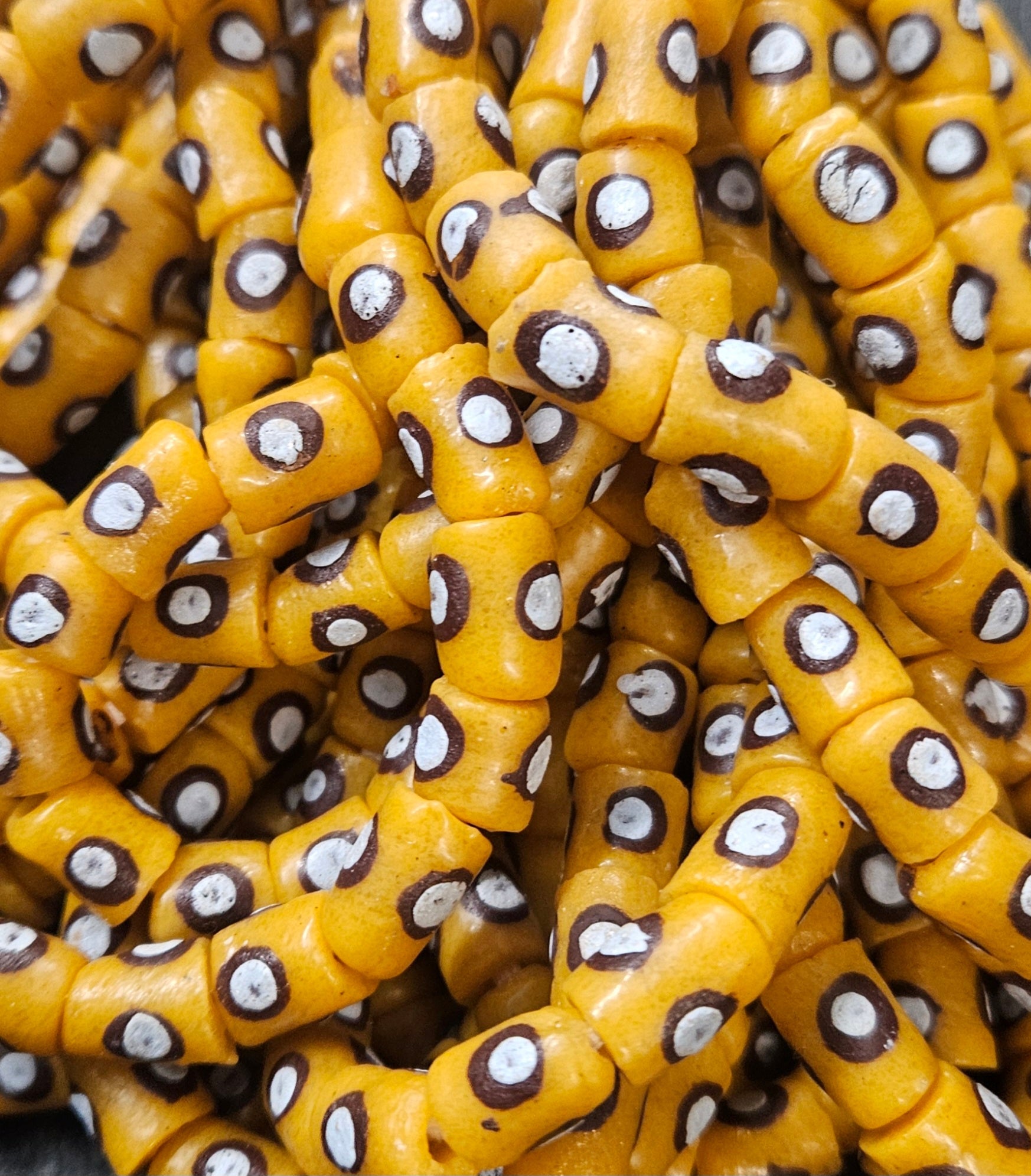 painted african recycled glass small tube beads #1104 gold yellow strand