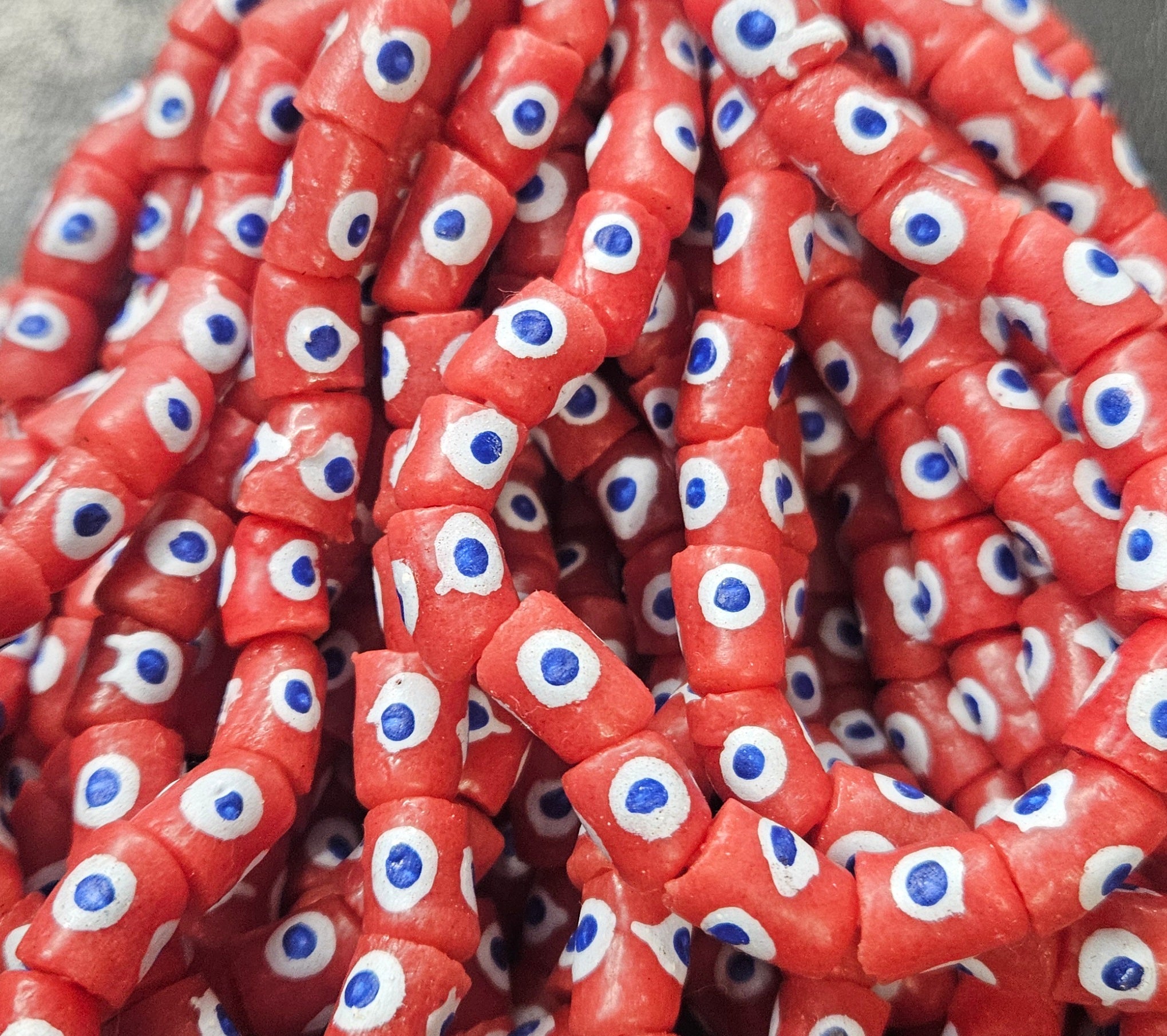 painted african recycled glass small tube beads #1108 detail view