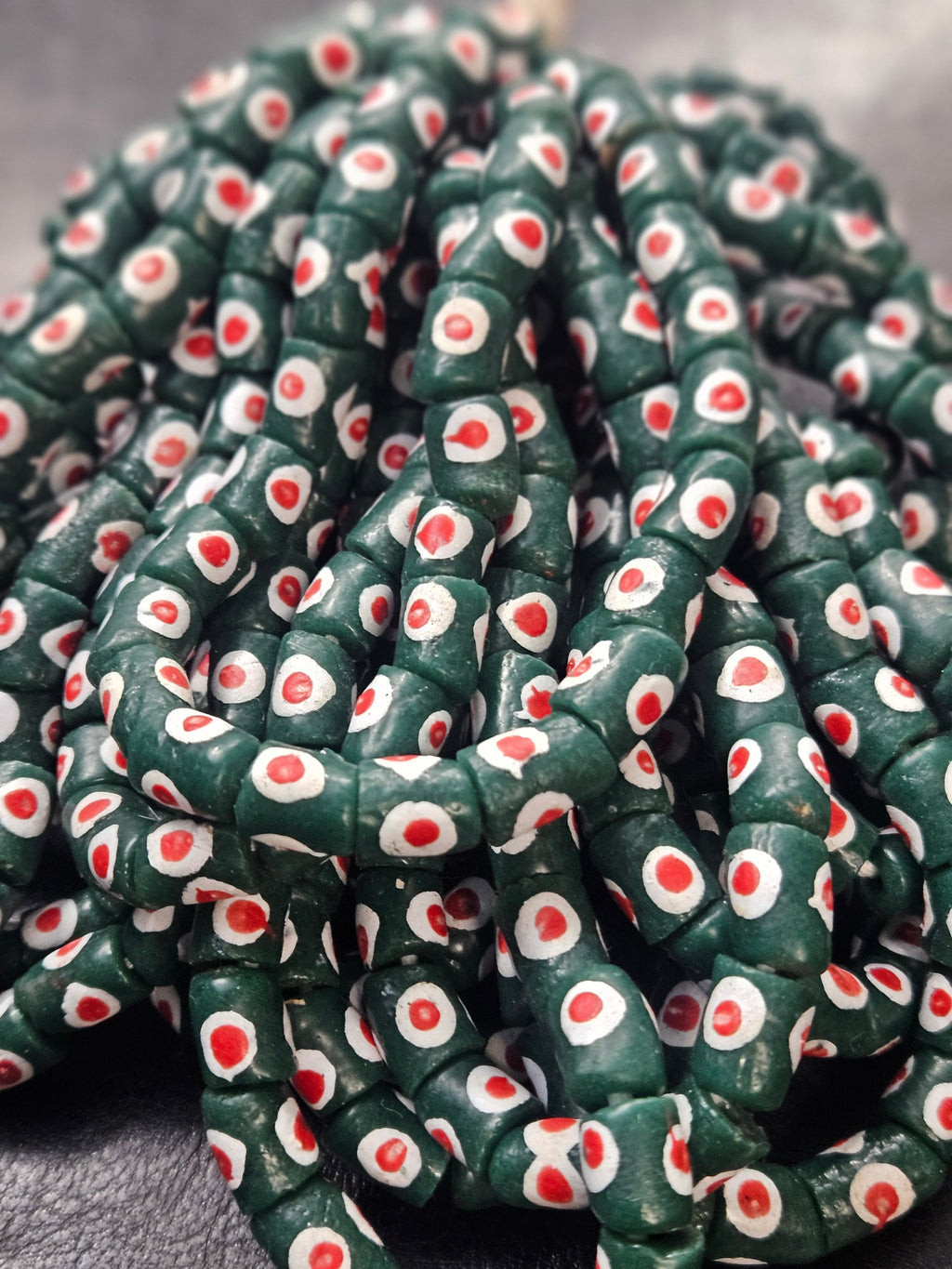 painted african recycled glass small tube beads #1117 detail view