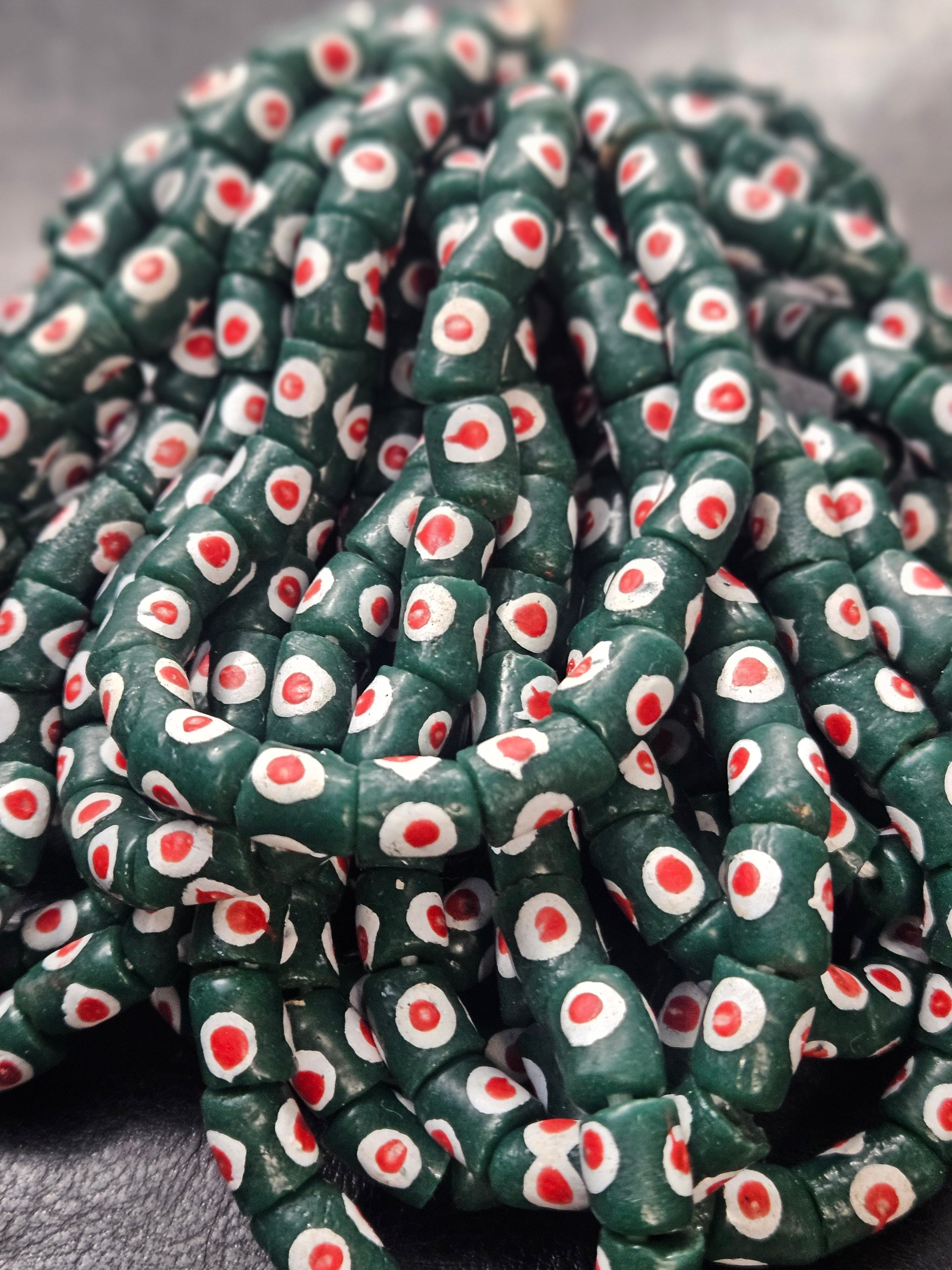 painted african recycled glass small tube beads #1117 detail view